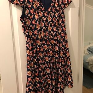 Betsey Johnson floral V-Neck Dress with Red and Pink Blooms.